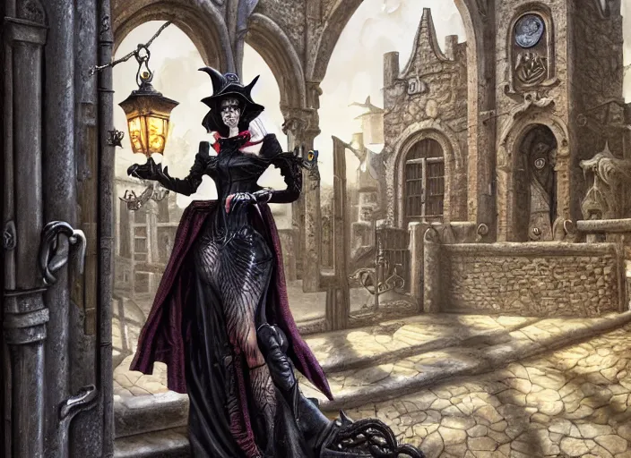 Prompt: a grotesque courtyard with gates and a beautiful witch queen poses with her evil mechanical beast, detailed 4 k painting, dramatic cold light, style of gerald brom