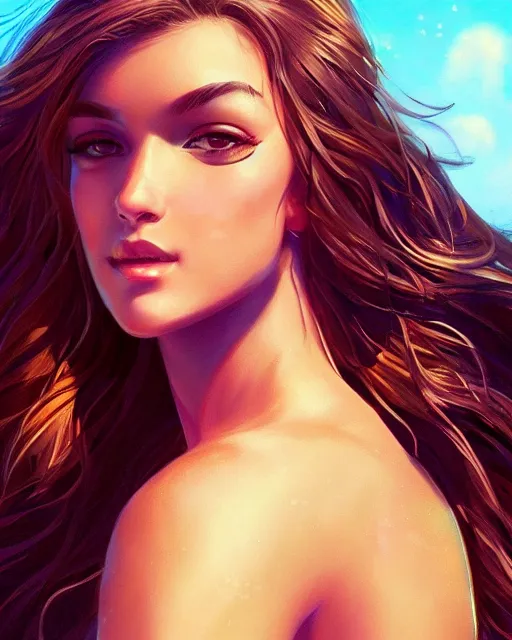 Image similar to summer vibes, beautiful sun tanned woman portrait, flowy hair, sun, summer, cinematic lighting, highly detailed, digital painting, trending on artstation, pixiv, concept art, sharp focus, illustration, art by ross tran and wlop