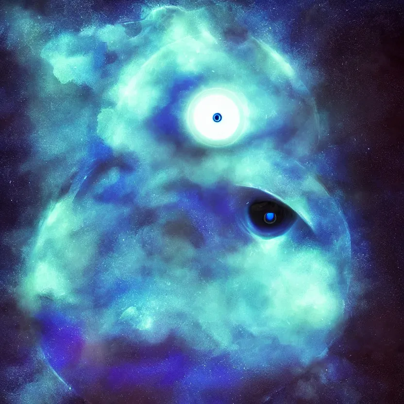 Image similar to blue evil eye floating in front of a nebula, digital art inspired by mikko lagerstedt, gilbert williams