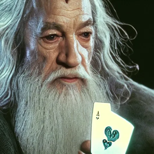 Prompt: portrait of gandalf with a pink bowtie on the side of his head, holding a blank playing card up to the camera, movie still from the lord of the rings