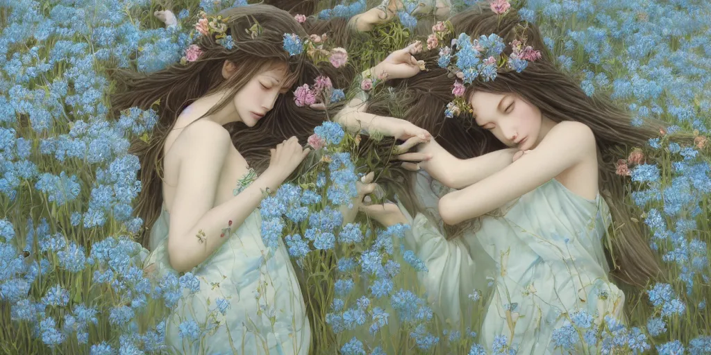 Image similar to breathtaking detailed concept art painting of the sleeping in meadow goddesses of light blue flowers, orthodox saint, with anxious, piercing eyes, ornate background, amalgamation of leaves and flowers, by Hsiao-Ron Cheng, Miho Hirano, extremely moody lighting, 8K