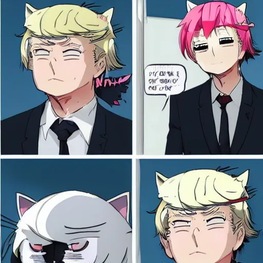 Image similar to An anime version of Donald Trump, cheek blush, shy, uwu, cat ears,