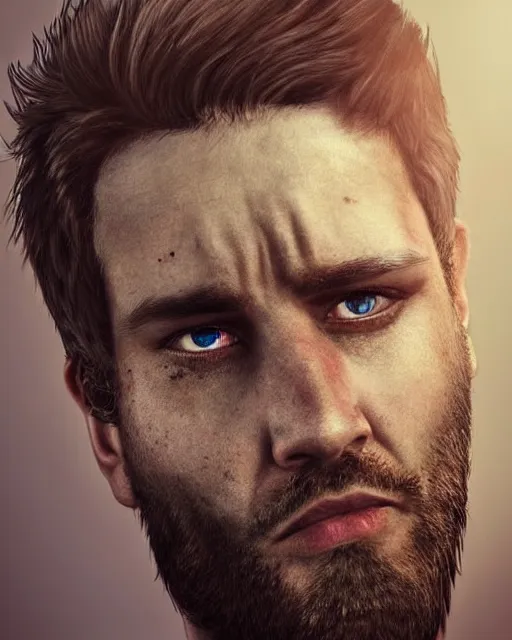 Prompt: portrait of muscular, tired and alcoholic 3 0 - year - old grieving man with short darkblonde hair, serious sad look in his eyes, looking down, dirty beard, blue eyes, crying tears, wearing dirty soldier uniform, on the desert, sad atmosphere, hyper realistic face, character art, art by artgerm, cryengine, trending on artstation, digital art