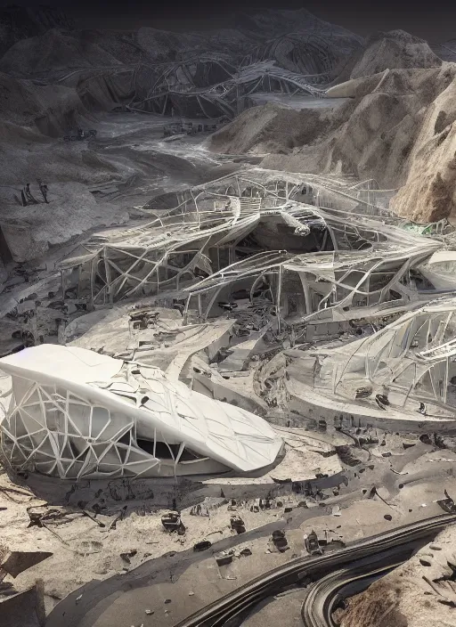 Image similar to bioremediation white mining tailing futuristic horizontal architecture in chuquicamata, epic, cinematic, hyperealistic, high detailed, corona render, hdr, ray tracing