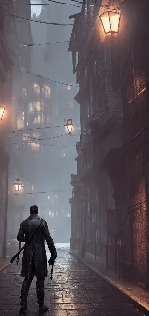 Image similar to daud from dishonored roaming dunwall streets, dunwall city, redshift render, cinematic lighting, rainy weather, melancholy atmosphere, dunwall city, volumetric light, octane render, dishonored game, dishonored 1, gothic architecture, realistic reflections, octane render 8 k