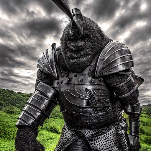 Image similar to knight in black armor fighting a tall troll, realistic, photo, fine detail, 8 k, hdr