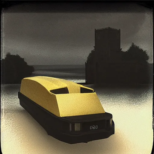 Image similar to calssical floating dark rapids web retriever hearse limo tower , by Johannes Vermeer and Georgia O'Keefee and H.P. Lovecraft , polaroid photo , unreal engine , cubist