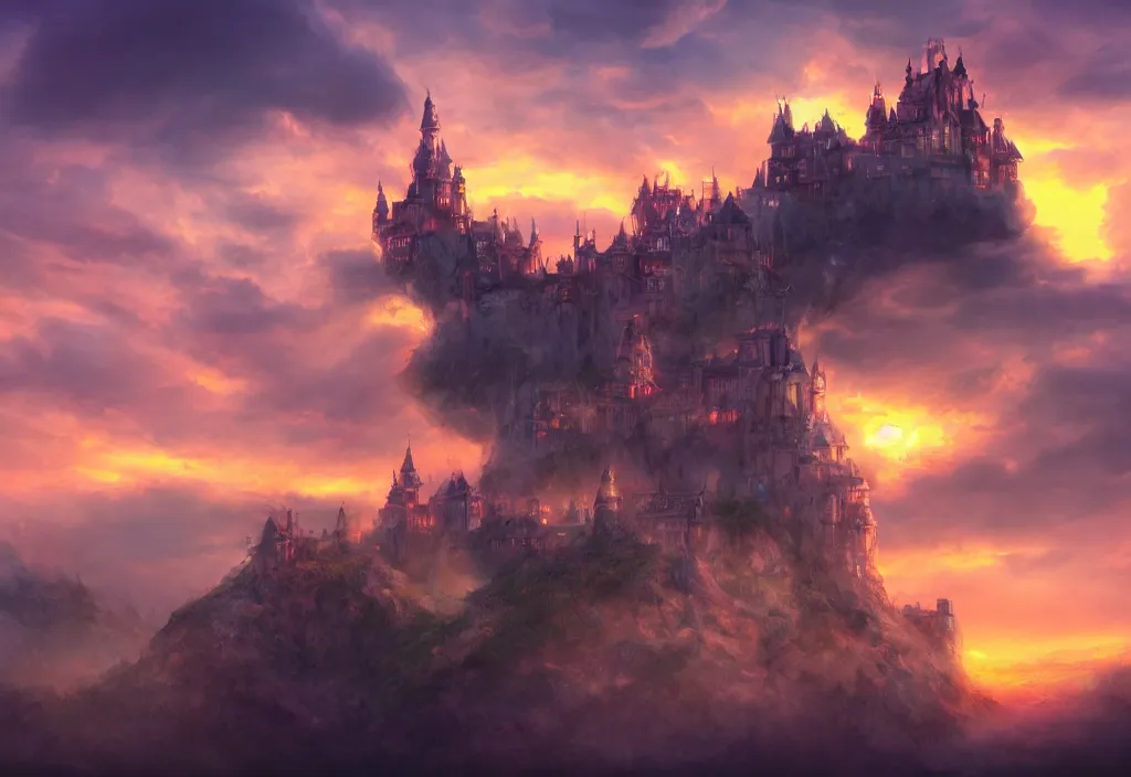 Image similar to a magical castle on the clouds, sunset, epic, trendy on artstation, concept art