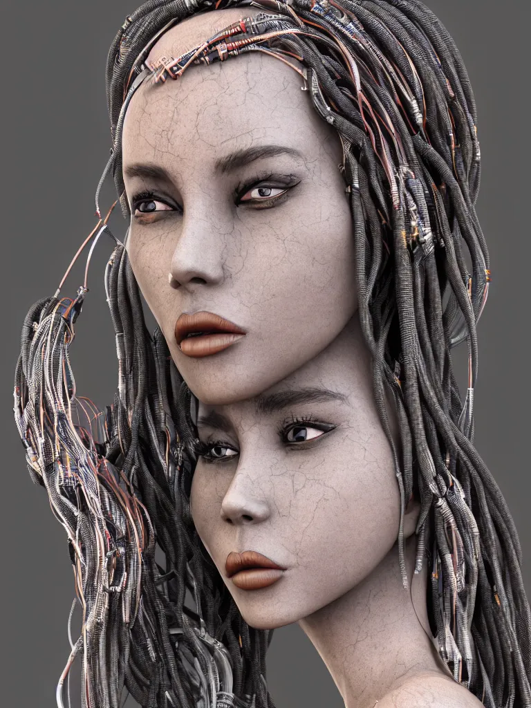 Prompt: a centered render of an alluring tribal goddess adorned with cables and synthesizer parts, full body, gorgeous face, perfect face, powerful, by viktoria gavrilenko, 3 d, trending on artstation, octane render, 8 k