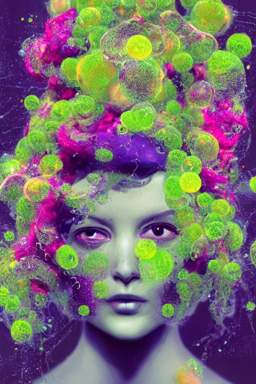 Image similar to transcending yesterday's self, vine headdress, moss patches, 2 0 mm, with pastel yellow and green bubbles bursting, voronoi, melting into lilligant, delicate, beautiful, intricate, houdini sidefx, by jeremy mann and ilya kuvshinov, jamie hewlett and ayami kojima, bold 3 d