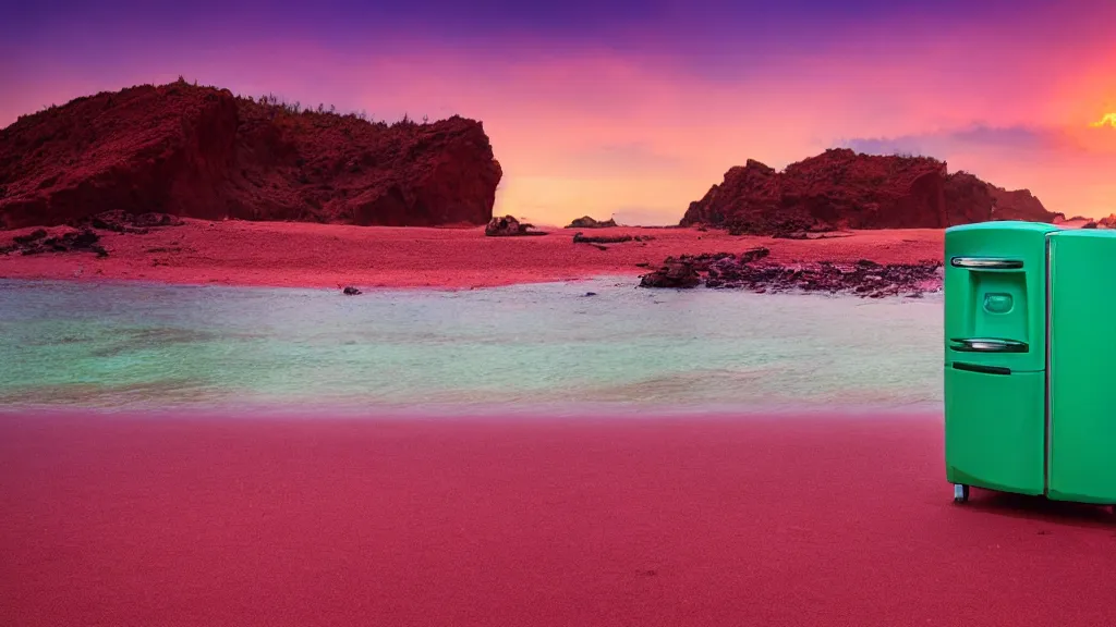 Image similar to purple refrigerator, red sand beach, green ocean, nebula sunset