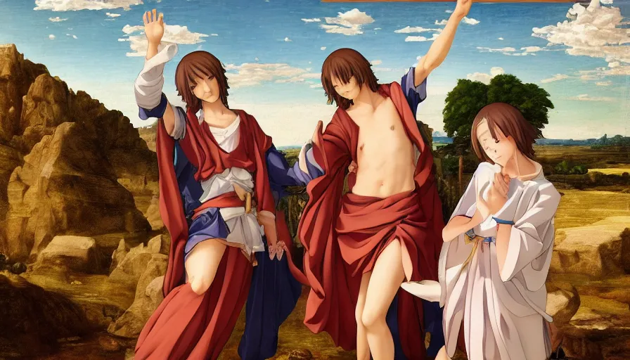 Image similar to jesus christ our lord and savior blessing a cute anime girl, photorealistic, anime, mini skirt, renaissance painting, hyper real, detailed, wide angle shot