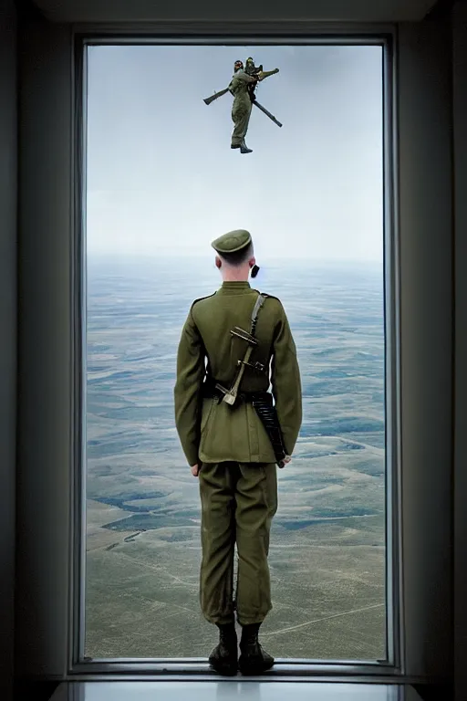 Image similar to kodak portra 5 0 mm f 4 full body portrait photography of a wwii airborne infantry soldier who's a mix of gillian anderson and adam driver, looking exhausted, setting is inside a sci fi megastructure tower looking out a window, photo by erwin olaf