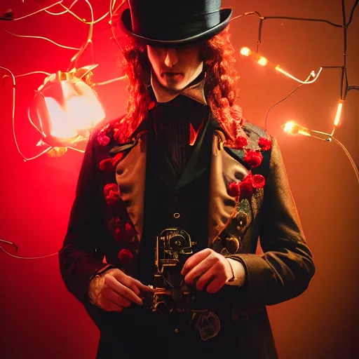 Image similar to cinestill 5 0 d candid photographic portrait by david cronenberg of baroque steampunk cyborg gentleman wearing a red edwardian suit and top hat, floral growths, modern cyberpunk moody emotional cinematic, closeup, pouring rain menacing lights shadows, 8 k, hd, high resolution, 3 5 mm, f / 3 2, ultra realistic faces, ex machina