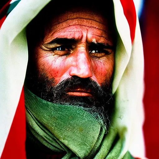 Image similar to portrait of president joe biden as afghan man, green eyes and red scarf looking intently, photograph by steve mccurry