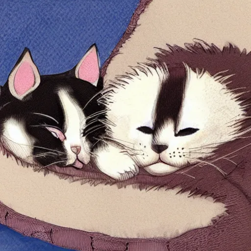 Image similar to Two kittens sleeping in a comfy bed in the style of studio ghibli