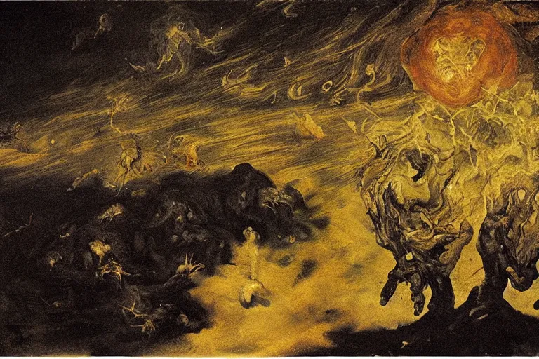 Image similar to the earth eats itself, detailed baroque oil painting, dark, disturbing by goya and alan lee, smoke, hell on earth