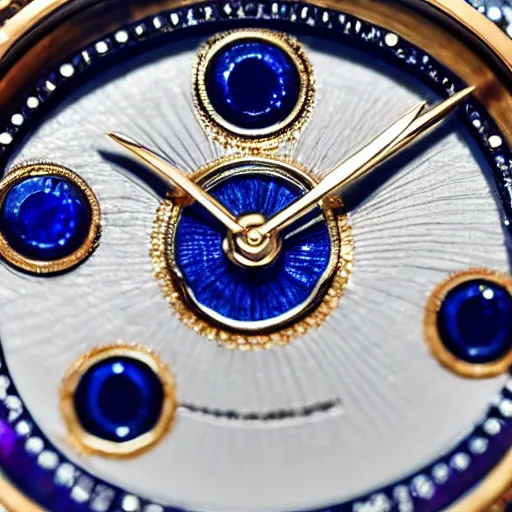 Image similar to close up of a sapphire and gold wrist watch, intricate, complex, high detail