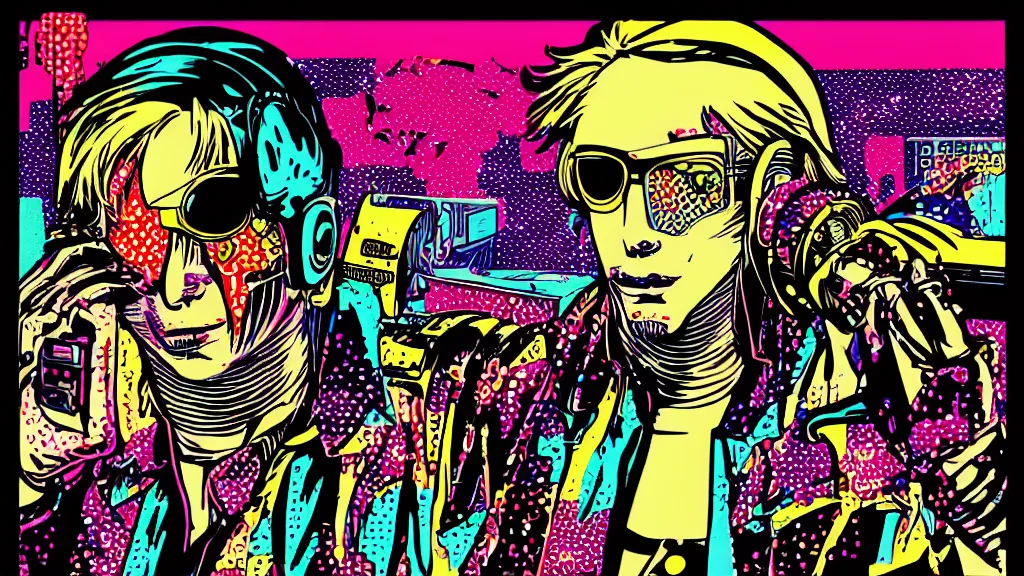 Image similar to hotline miami futuristic japanese cyberpunk by roy lichtenstein, by andy warhol, ben - day dots, pop art, bladerunner, pixiv contest winner, cyberpunk style, cyberpunk color scheme, mechanical, high resolution, hd, intricate detail, fine detail, 8 k