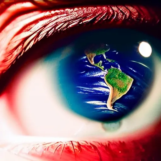 Image similar to an extreme closeup of an eye reflected in the eye is Earth shrinking away, highly reflective, realistic reflections, realistic lighting, photo realistic, awe inspiring