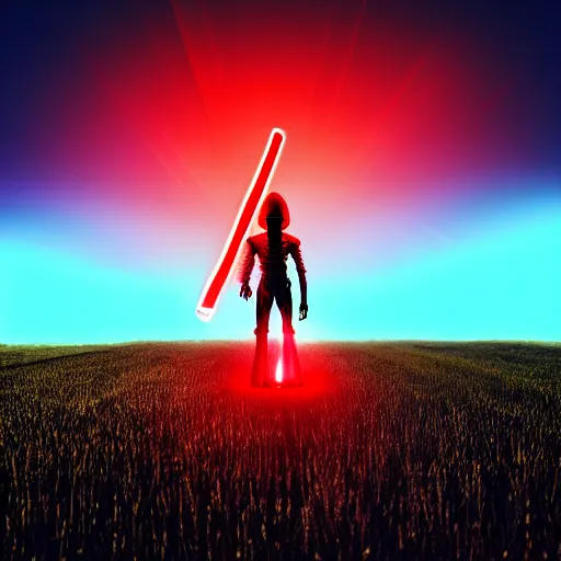 Image similar to detailed alien standing in field, with red lightsaber, gloomy nemobo at sunset