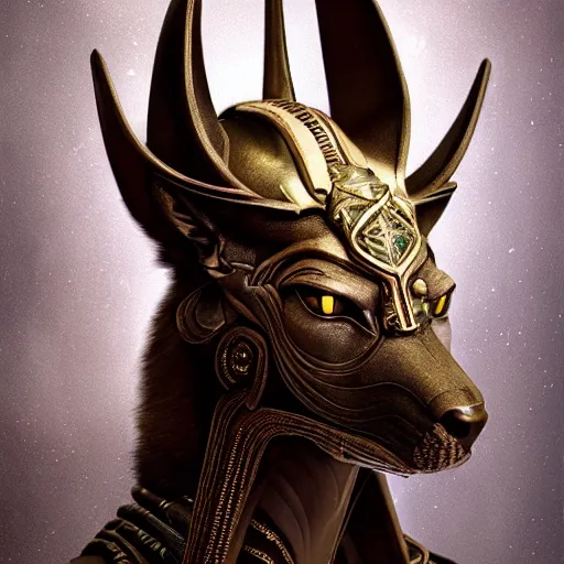 Image similar to portrait of anubis, intricate artwork, concept art, octane render, deviantart, cinematic, key art, hyperrealism, iridescent accents, portrait photograph, nikon 3 5 mm, photograph by greg rutkowski