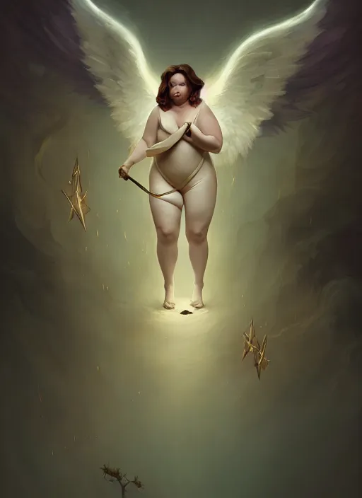 Image similar to melissa mccarthy as an angel, backround dark, highly detailed, digital illustration, trending in artstation, modern painting, smooth, sharp focus, intricate, by peter mohrbacher