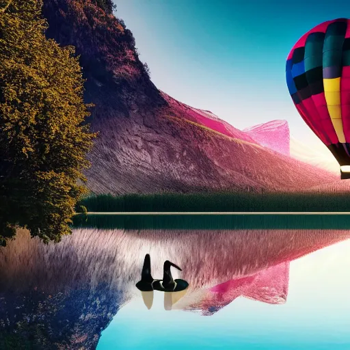 Image similar to photo of two black swans swimming in a beautiful reflective mountain lake, touching heads, forming a heart with their necks, a colorful hot air balloon is flying above the swans, hot air balloon, intricate, portrait, 8k highly professionally detailed, HDR, CGsociety, octane render, 4k