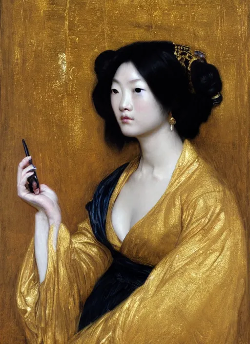 Image similar to highly detailed oil painting | very intricate | cinematic lighting | black, white and gold color scheme, dark background | asian woman in kimono | by roberto ferri, by gustav moreau, by singer sargent and klimt, american romanticism, occult art | by austin osman spare, artstation, cgsociety, official art, octane