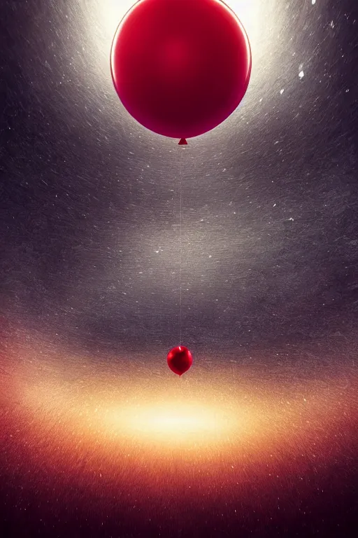 Image similar to the universe suspended in the infinite void by a single red balloon, dramatic lighting, cinematic, establishing shot, extremely high detail, foto realistic, cinematic lighting, post processed, concept art, high details, cinematic, 8k resolution, beautiful detailed, photorealistic, digital painting, artstation, concept art, smooth, sharp focus, artstation trending, octane render, unreal engine