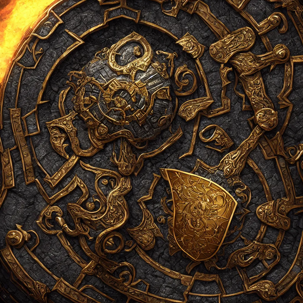 Prompt: ornate and detailed round battle shield made of lava rock, focused shot, gold and obsidian colors, dungeons and dragons themed, 4 k octane digital render, unreal engine 5, styled by greg rutkowski and android jones, extreme levels of detail