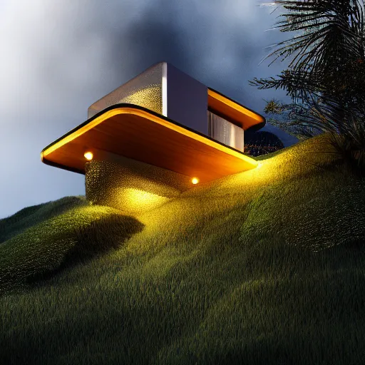 Prompt: ! dream small hillside house made of honey, modern lighting, hyper - realistic, hyper - detailed, 8 k, octane rendered, art nouveau, organic, flowing, impossible torsion, writhing, lush, dynamic