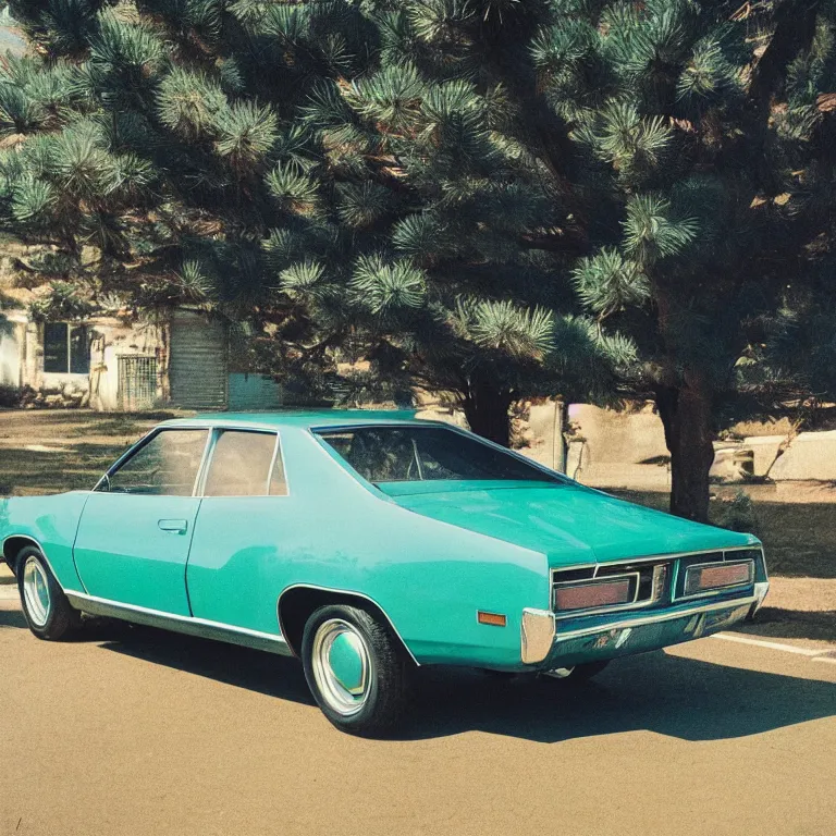 Prompt: 1 9 7 0 s car parked by the pine tree, film photo, soft lighting album cover, nostalgia, turquoise gradient