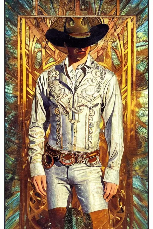 Prompt: a dramatic ethereal epic symmetrical painting of a handsome!! cowboy in a silvery!!!! ((((golden))))) outfit | tarot card, art deco, art nouveau, (steampunk), homoerotic, realistic | by Dresden Codak, by Mark Maggiori and ((((Alphonse Mucha))) | trending on artstation