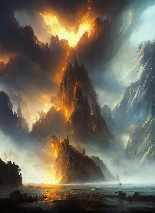 Image similar to a fantasy golden city smoulders, embers fly, epic atmosphere, by greg rutkowski, nature by asher brown durand, composition by yoshitaka amano