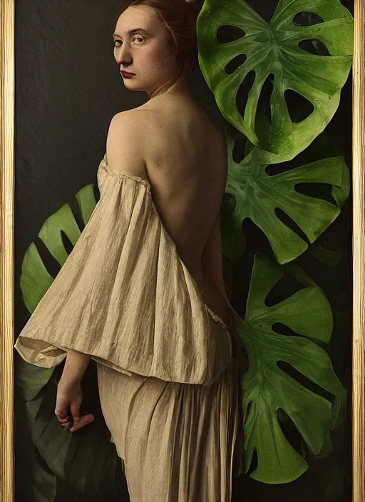 Prompt: a woman in dress inspired by monstera leaves in the style of the dutch masters and gregory crewdson dark and moody