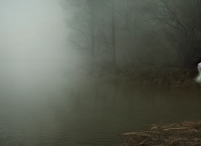 Image similar to photo of a ghostly figure floating over a river, cinematic, blair witch project, real