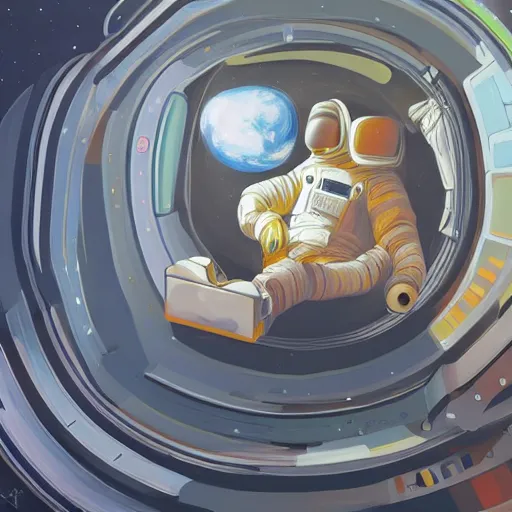 Prompt: long shot of astronaut sitting in space, calm, soothing, relaxed, cosy, quiet, elegant, digital painting, realism, cyberpunk art, acrylic on canvas, flooko,