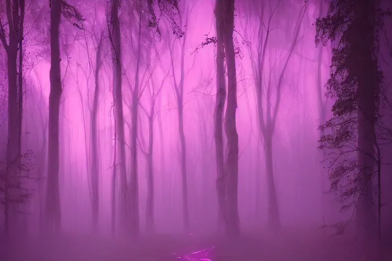 Image similar to ancient magical dark forest, tall purple and pink trees, moonlit, winding path lined with bioluminescent mushrooms, neonlike fireflies, pale blue fog, mysterious, eyes in the trees, cinematic lighting, photorealism