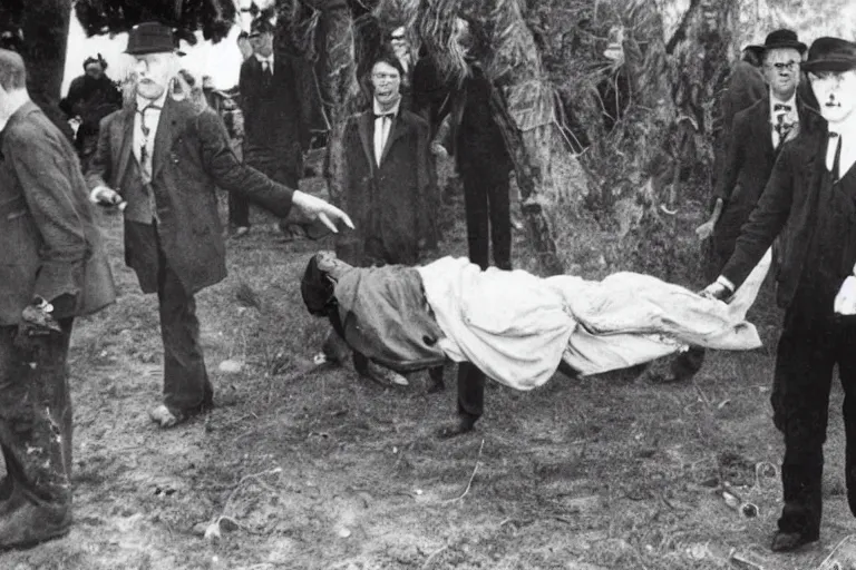 Image similar to an very old photo of slenderman grabbing a dead body