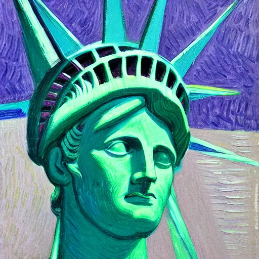 Prompt: portrait of the statue of liberty, in the style of Edward Hopper and Vincent Van Gogh, 4k,