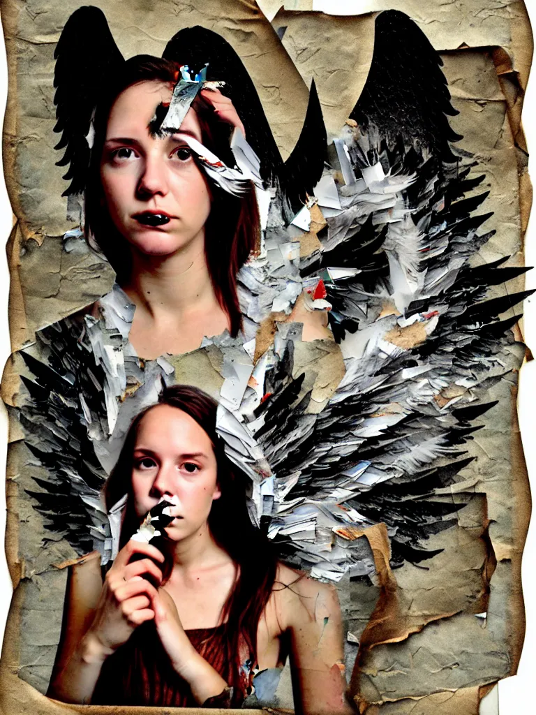 Image similar to a young adult angelgirl smoking a cigarette and ratty feathered angel wings, stressed and burnt out, collage effect, collaged, torn paper, torn paper collage, overexposure, overexposed, high exposure