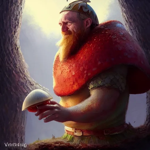 Image similar to Viking eating fly agaric, 4k, artstation, cgsociety, award-winning, masterpiece, stunning, beautiful, glorious, powerful, fantasy art