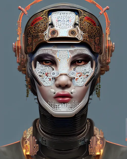 Image similar to portrait of a cyberpunk machine, machine face, upper half portrait, decorated with chinese opera motifs, asian, fine china, traditional chinese art, intricate, elegant, highly detailed, symmetry, headpiece, digital painting, artstation, concept art, smooth, sharp focus, illustration, art by artgerm and greg rutkowski and alphonse mucha, 8 k