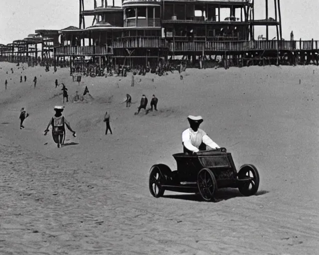 Image similar to a photo from the early 1900s of two people racing in electric cars, on a beach, with the Coney Island boardwalk in the background