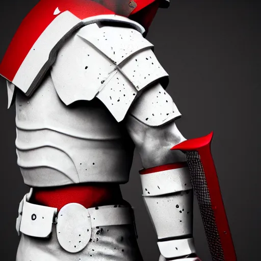 Prompt: a young man with full body armor white and red with a sword, battling killer, creepy, death, demon, horrifying, dead, arm gets chopped off, dramatic lighting, cinematic, 8k, hyperrealistic, detailed, depth, vray
