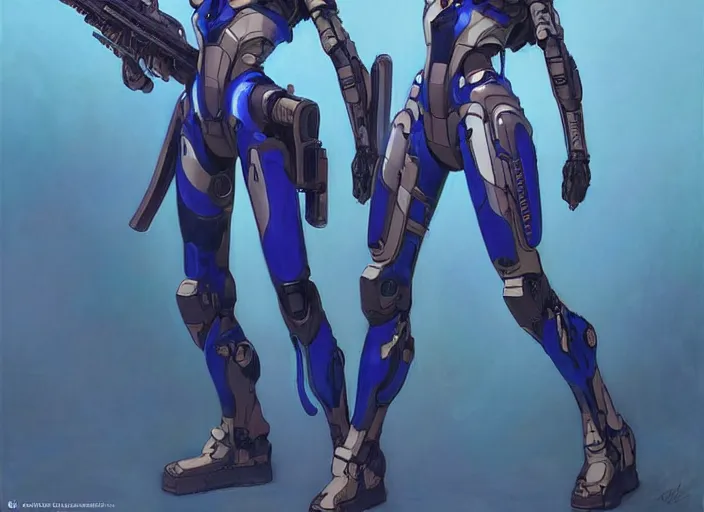 Image similar to character design digital 2 d women indian evangelion cyborg blue armor with and hologram gun by gaston bussiere, anna nikonova aka newmilky, greg rutkowski, yoji shinkawa, yoshitaka amano, tsutomu nihei, muira, moebius, donato giancola, trending on artstation, featured on pixiv