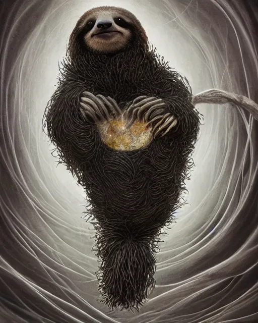 Prompt: a highly detailed portrait of a sloth wearing a black tuxedo as a devious magician radiating a powerful energy aura, wispy tendrils of smoke, swirling vortex of energy, performance art, intricate, digital painting, old english, raining, sepia, particles floating, whimsical background by marc simonetti, art by artgerm and greg rutkowski and alphonse mucha