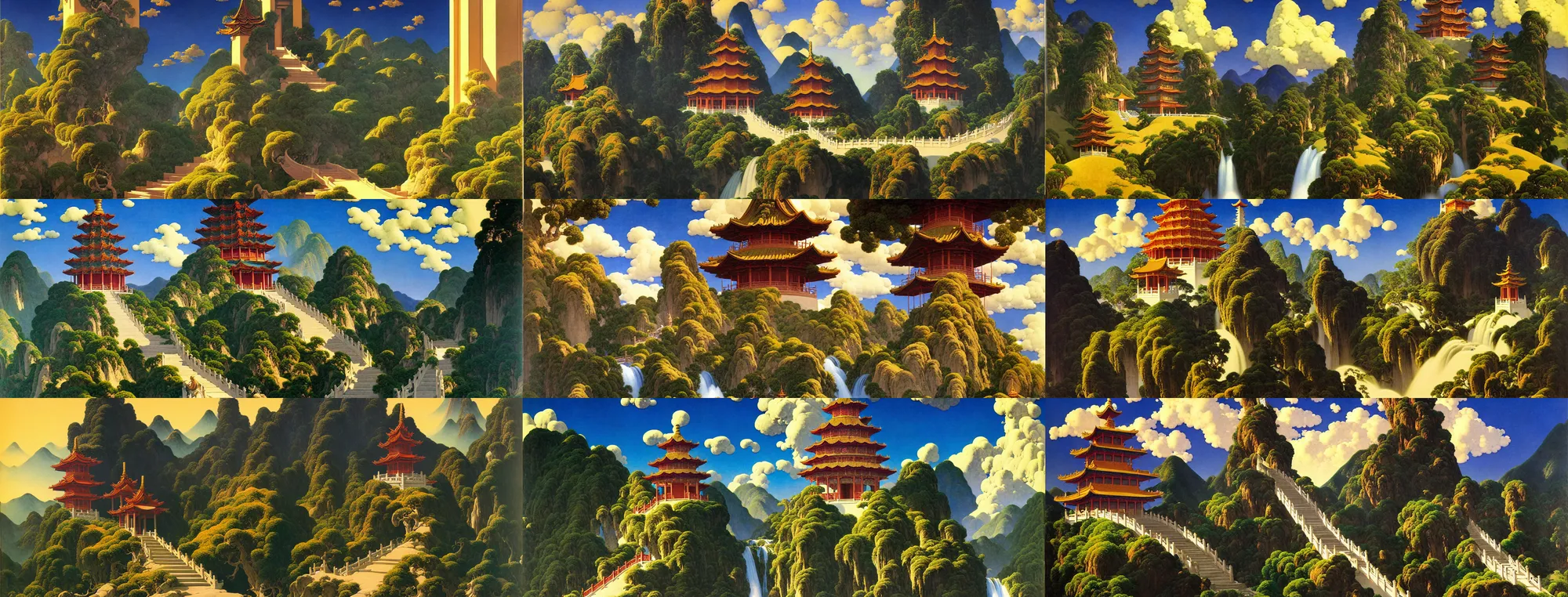 Prompt: a gorgeous painting by maxfield parrish and franklin booth. chinese hanging temple. yungang buddh. the winding steps. stone bridge. clouds in the wind!! ultra clear detailed. 3 d, octane render. water fall farom the mountain.