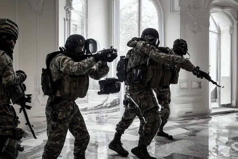 Image similar to Mercenary Special Forces soldiers in grey uniforms with black armored vest and black helmets fighting inside a mansion in 2022, Canon EOS R3, f/1.4, ISO 200, 1/160s, 8K, RAW, unedited, symmetrical balance, in-frame, combat photography